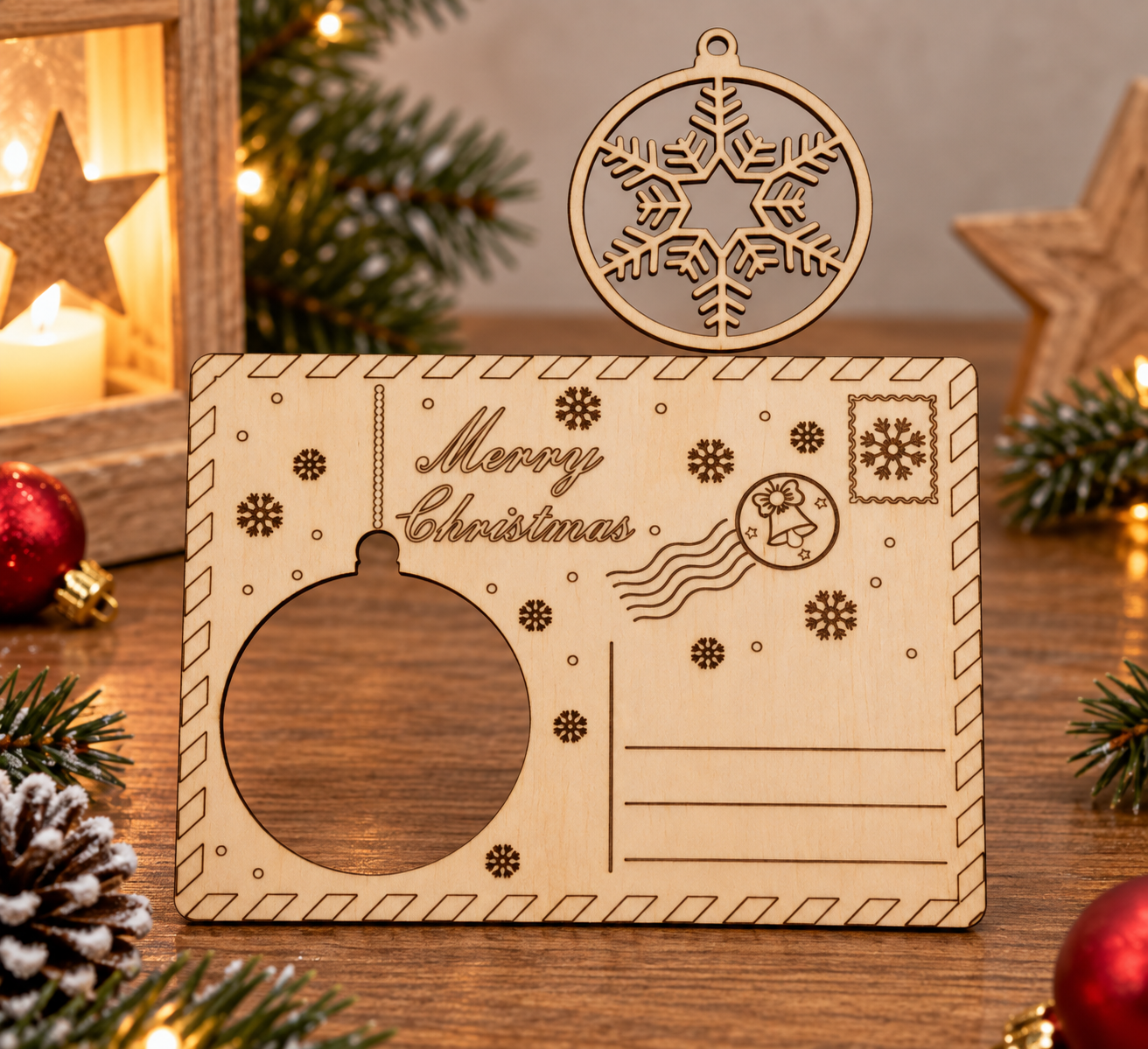 große Weihnachtskarte inkl. mit persönlicher Gravur und Schneeflockenmotiv (auch herausnehmbar)