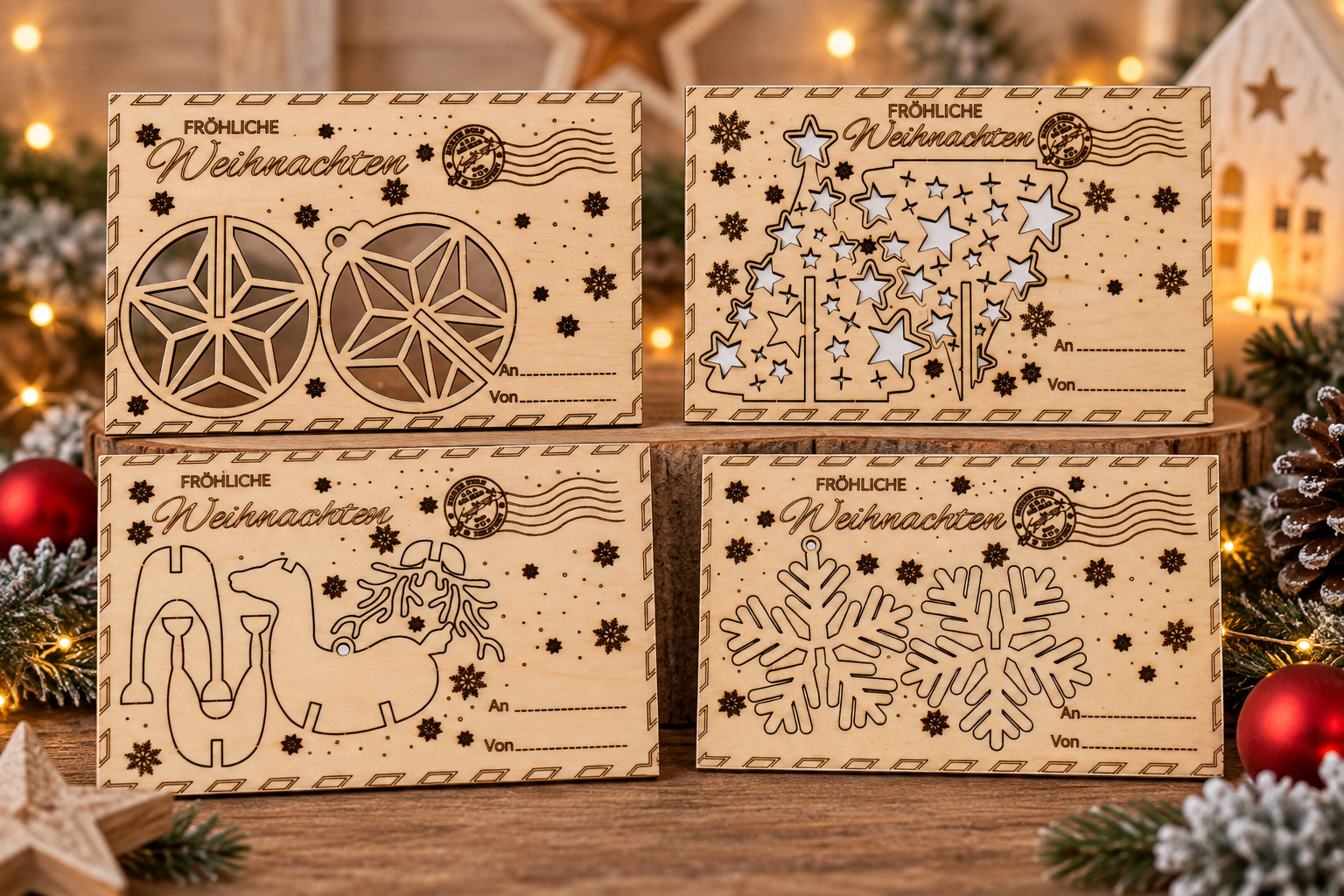 kleine Weihnachtskarte mit persönlicher Gravur und herausnehmbarem Baumschmuck
