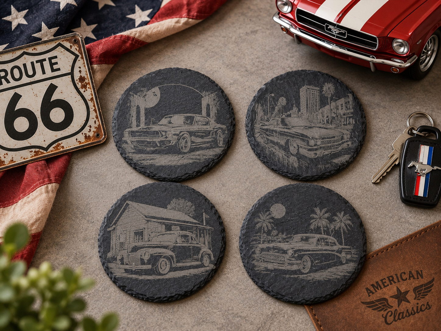 4er-Set Untersetzer rund „US Classic Cars“