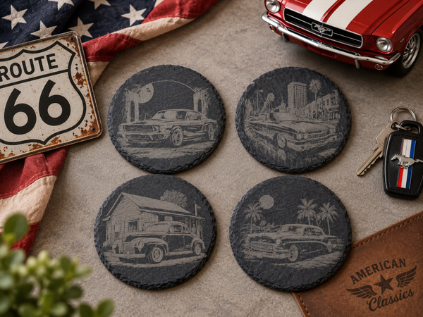4er-Set Untersetzer rund „US Classic Cars“
