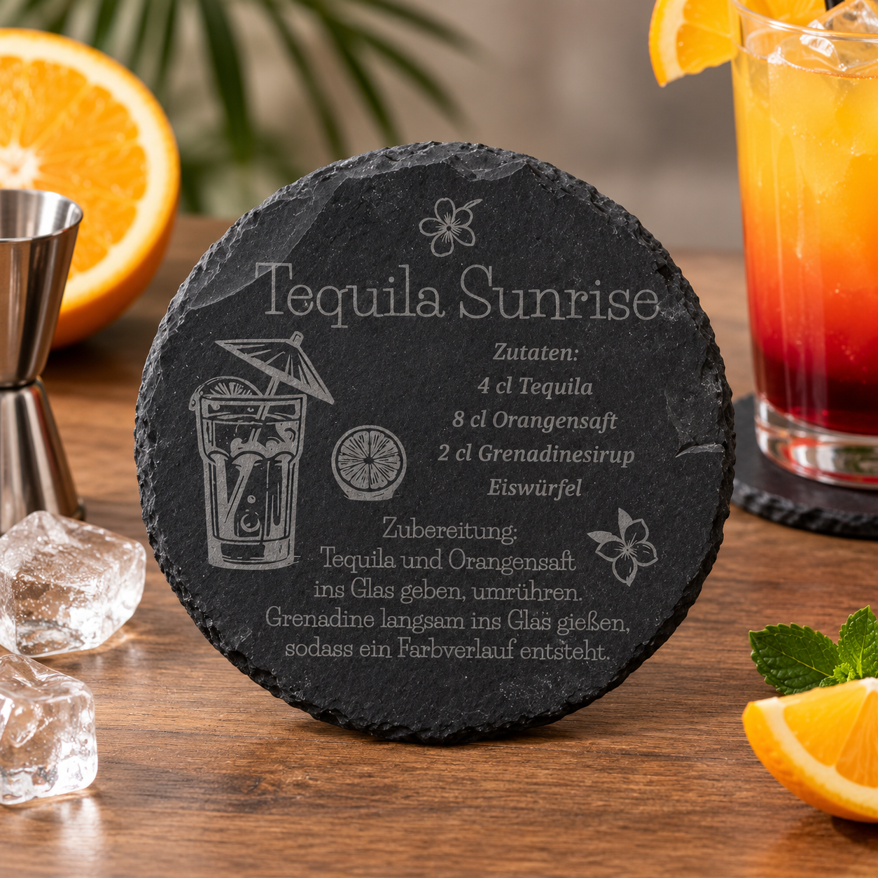 Schieferuntersetzer rund mit auswählbaren Cocktail-Rezepte