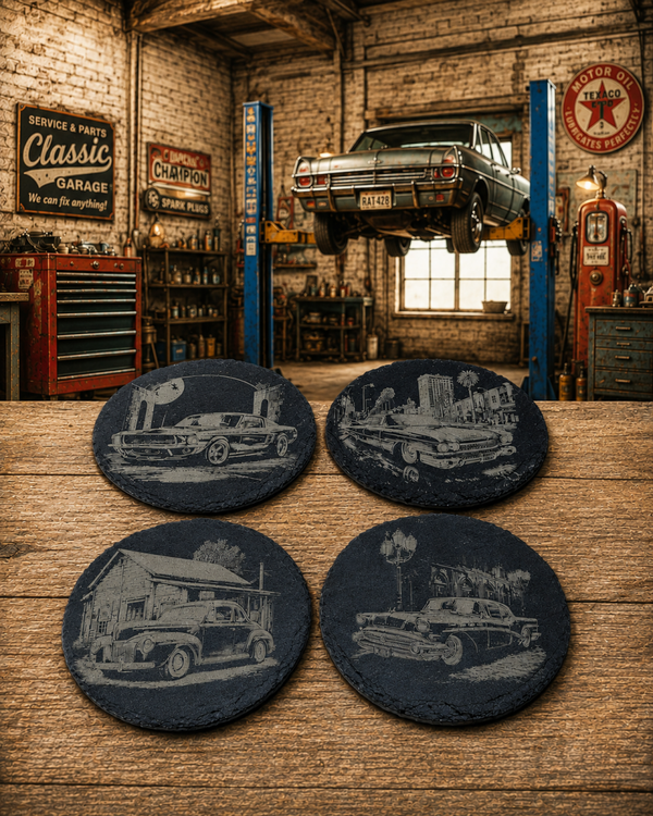 4er-Set Untersetzer rund „US Classic Cars“