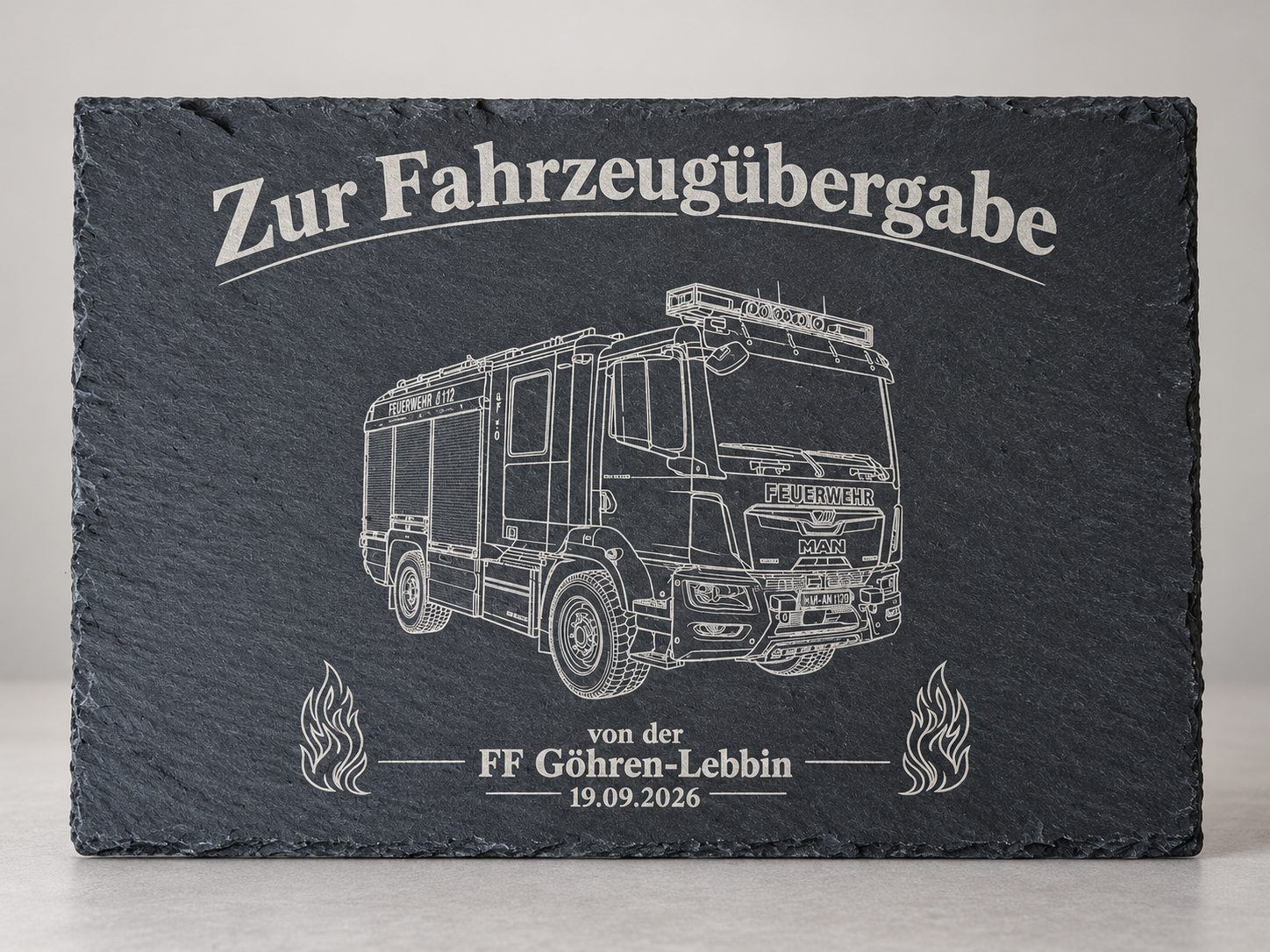 Schieferplatte 30x20 mit individueller Gravur für Feuerwehrleute