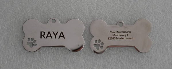 Edelstahl Hundemarke großer Knochen beidseitig mit persönlicher Gravur