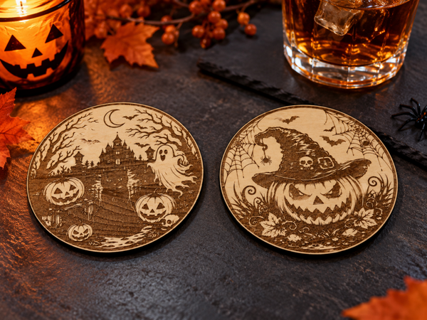 Halloween 2er-Set Holzuntersetzer mit auswählbaren Motiven