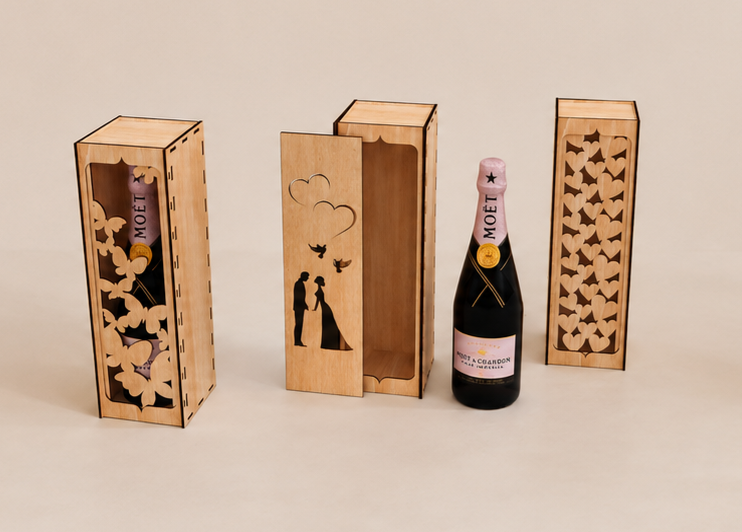 verschiedene Geschenkboxen für Weinflaschen zur Hochzeit