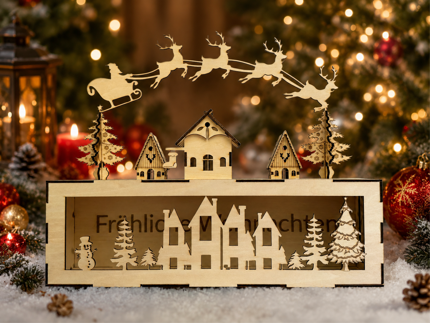 Schwibbogen „Weihnachtsdorf mit fliegendem Weihnachtsmann“ - optional mit Lichterketter