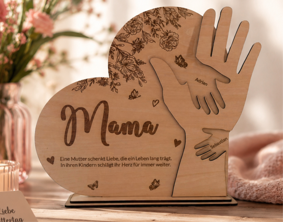 Muttertagsgeschenk mit persönlicher Gravur – Herz mit Kinderhänden (für bis zu 8 Kinder