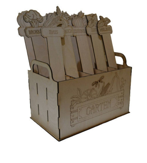 Tragekorb mit gravierter Frontplatte & inkl. 7 Pflanzenstecker nach Wahl