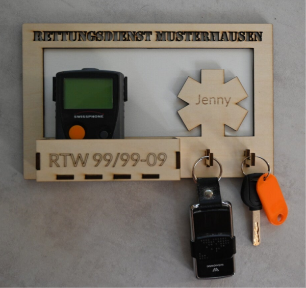 Wandhalterung Funkmeldeempfänger & Schlüssel "Rettungsdienst"– personalisierbar