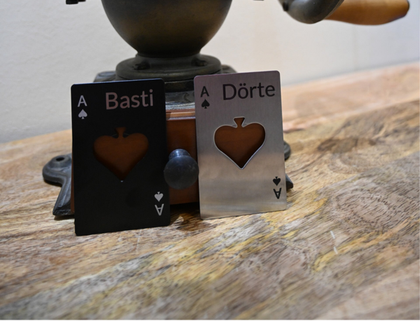 Edelstahl Flaschenöffner "Pokerkarte" mit persönlicher Gravur