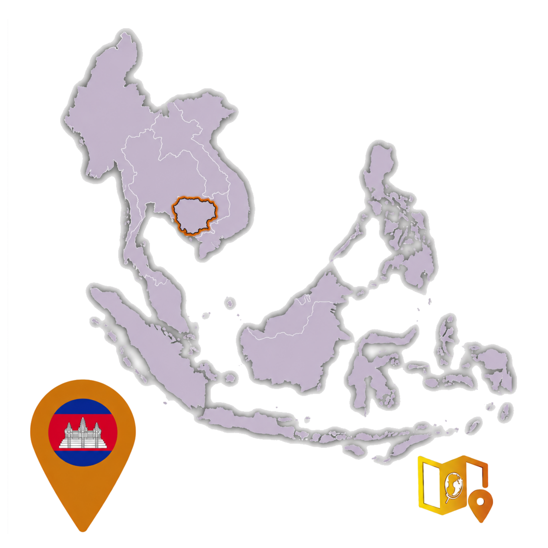 Kaart van zuid-oost Azië waarop het land Cambodja uitgelicht is