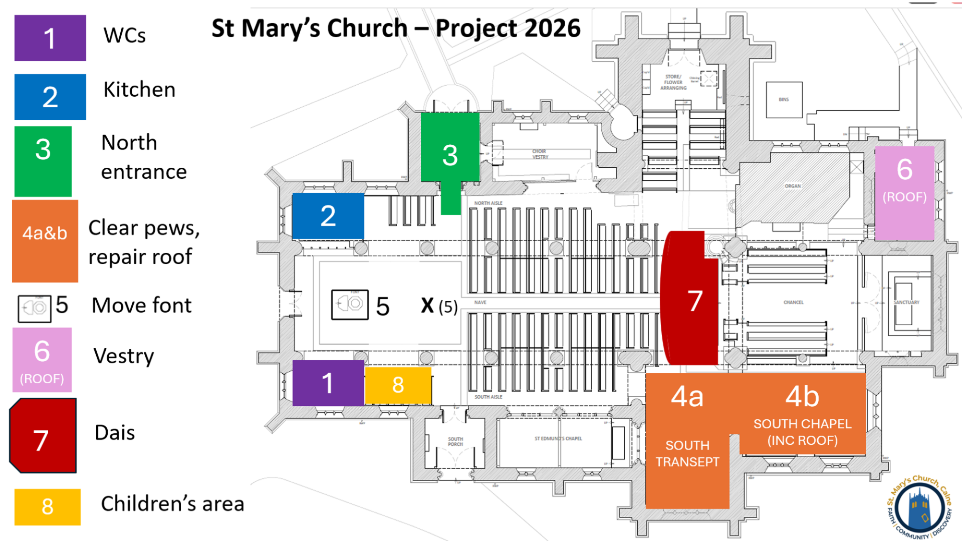Map of church showing areas to be updated