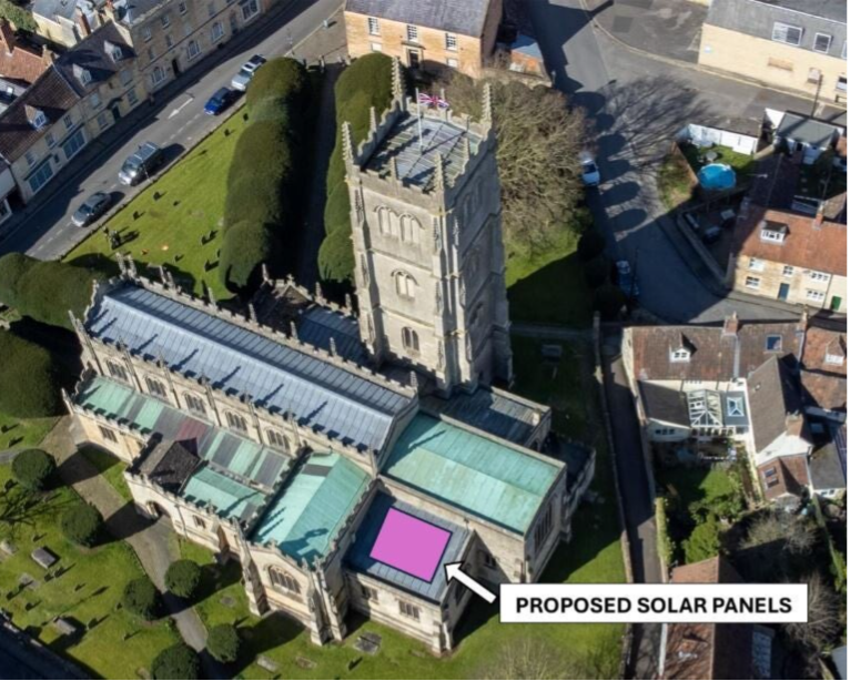 Aerial view of St Marys Chuch showing location of future solar panels
