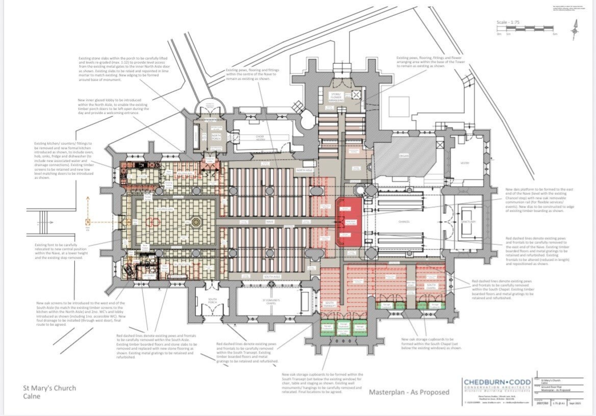 Detailed archictural drawing of church interior with propossed updates shown and notated