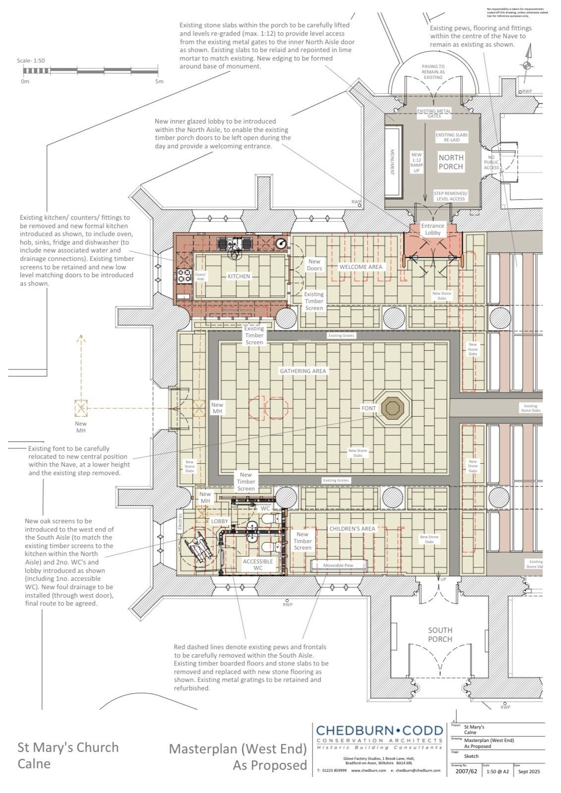 Architectural drawing detailing plans for the gathering space at rear of church