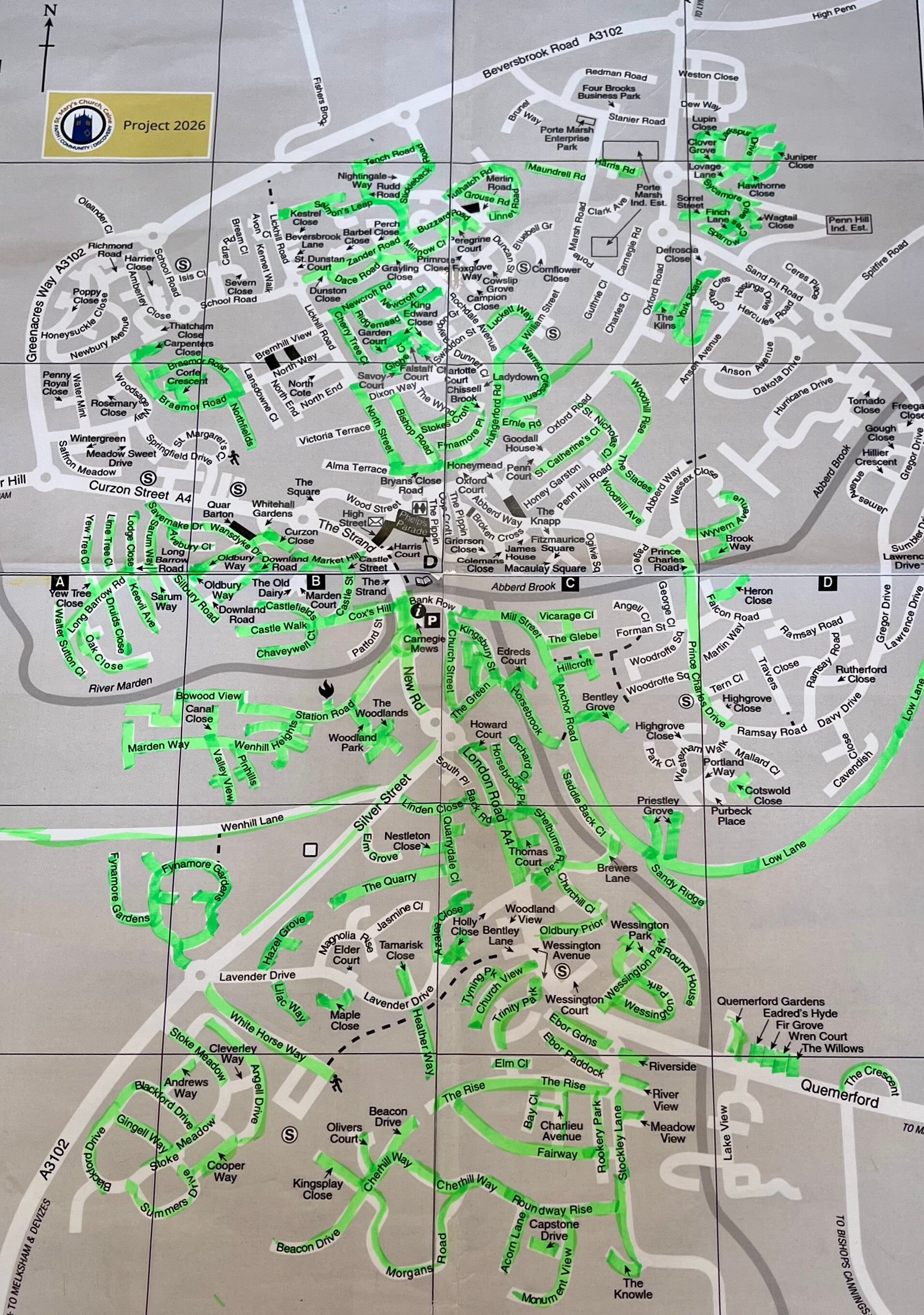 Image of Calne Map with some roads coloured green