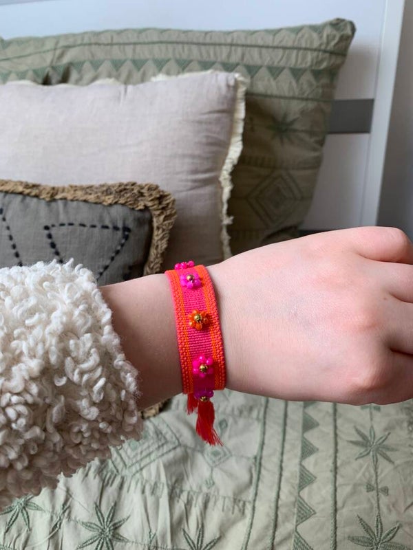 Armband - Stoffen armband met bloemen - fuchsia
