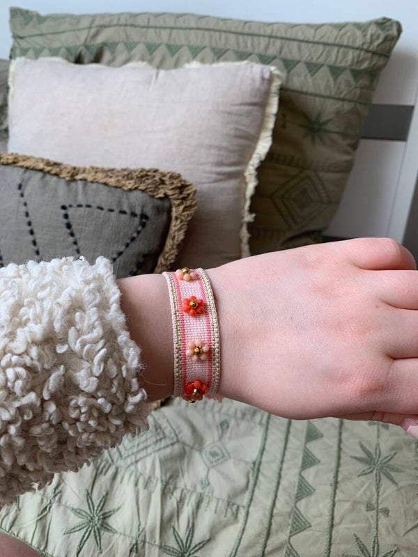 Armband - Stoffen armband met bloemen - roze