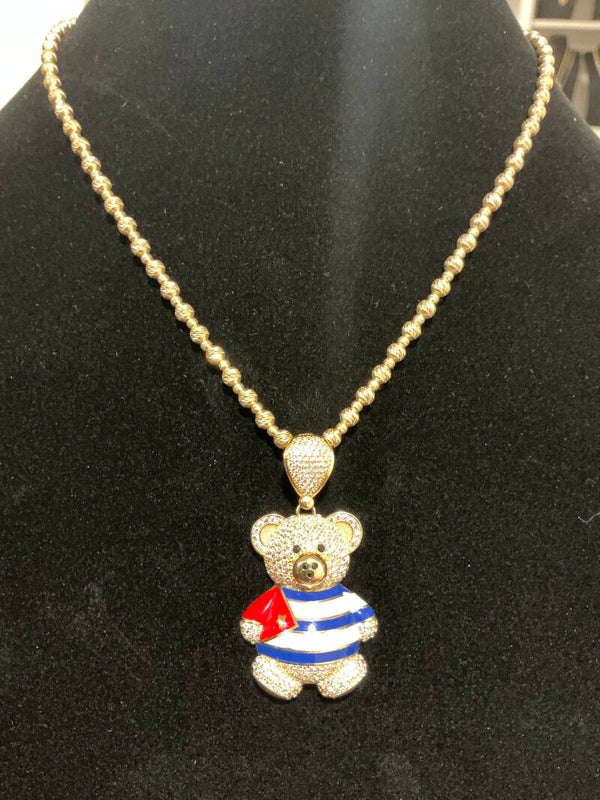 COLLAR DE CUENTAS DE ORO 10K CON DIJE SÓLIDO DE OSO