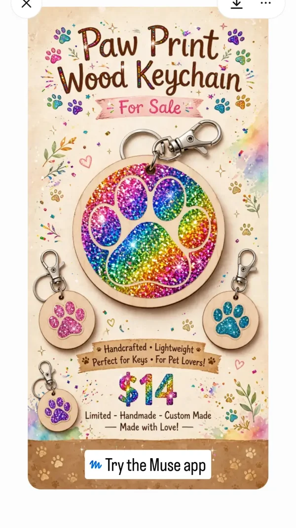 Handmade Paw Print Wood Slice Keychain – Glitter Paw on Black