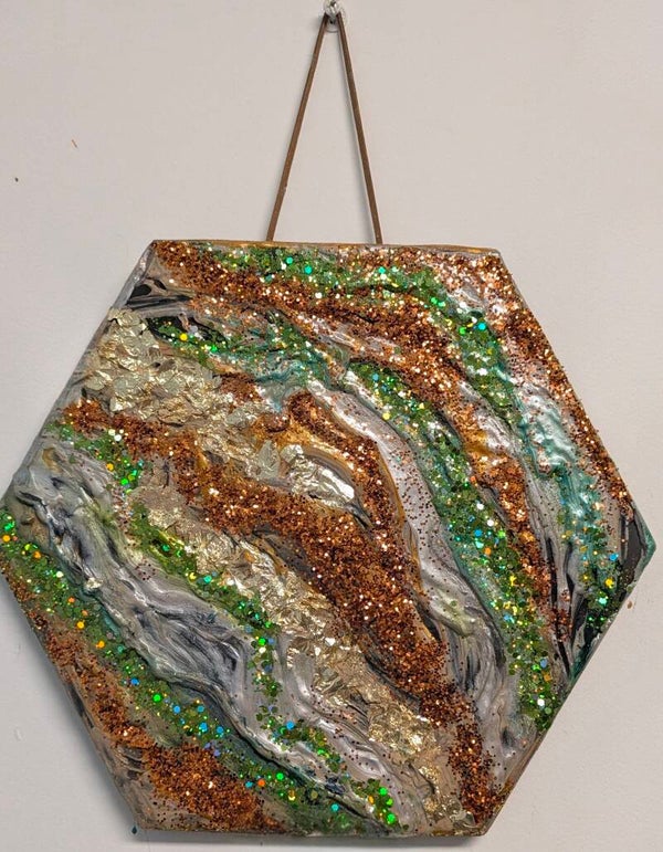 Goldieacrylic glitter art on cork canvas acrylic painting this is 11x11 acrylic block art artwork on chalkboard hand-painted with overlay resin wall art abstract metallic paint