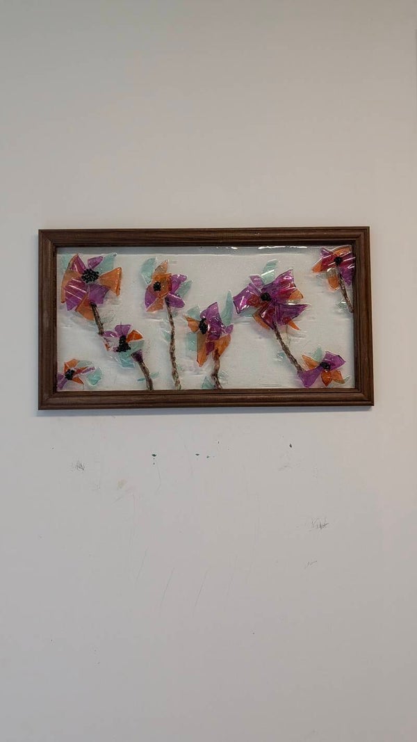 3D Crushed Glass Floral Wall Art – Framed Purple & Amber Resin Flower Bouquet