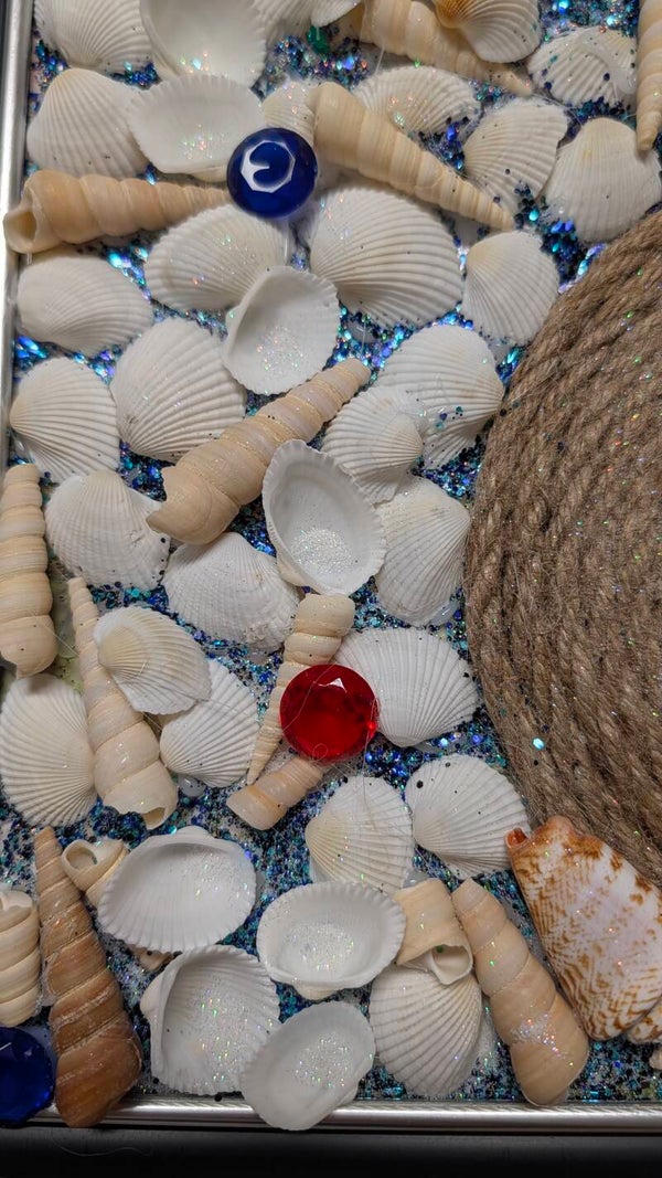 Coastal Seashell Framed Wall Art – Nautical Rope & Glitter Mosaic125