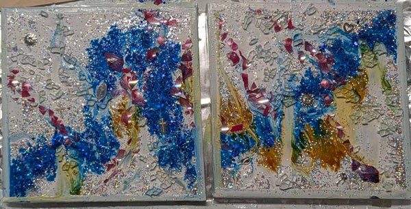 2-Piece Abstract Resin Wall Art | Blue and Gold Glitter Canvas Set | Crushed Glass Geode Painting | Modern Sparkling Home Decor