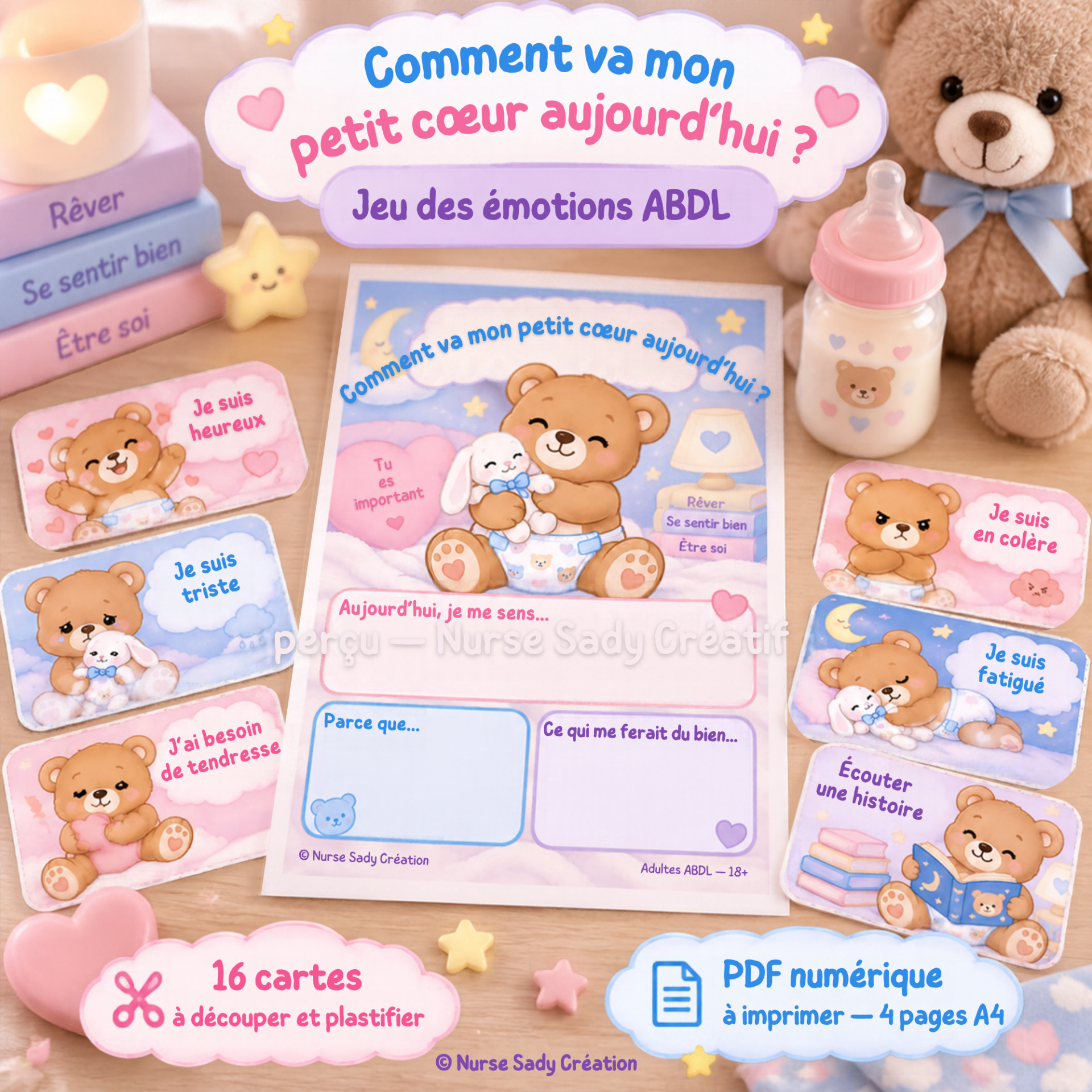 Comment va mon petit cœur aujourd'hui ? | Jeu des émotions ABDL | 16 cartes à plastifier | PDF imprimable | Nurse Sady Création