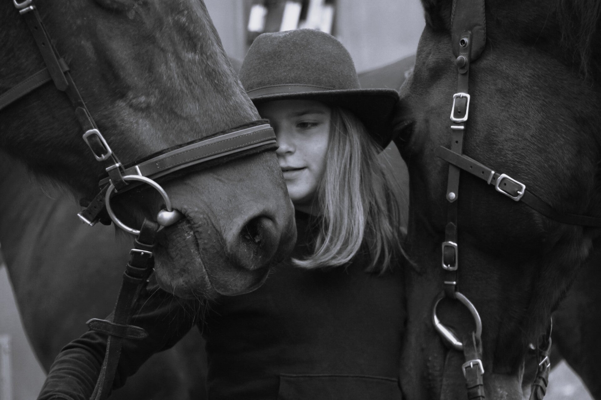 Ein Mädchen ist in intensivem Kontakt mit zwei Pferden im Kontakt