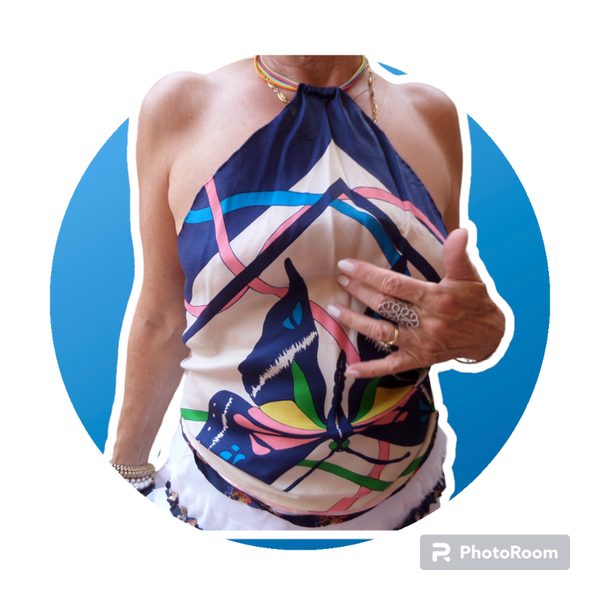 CROP TOP carré foulard SOIE triangle pointu bandeau top haut court dos nu été 2023 : GP Grand Prix de Monaco, Festival de Cannes vacances plage, lunch, soirées, party Luxe chic