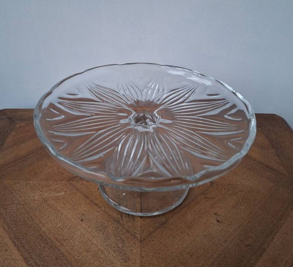 Brocante glazen taartschaal op voet