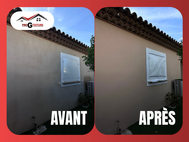 Avant et après le nettoyage et la peinture d’une façade par PRO-G-TOITURE