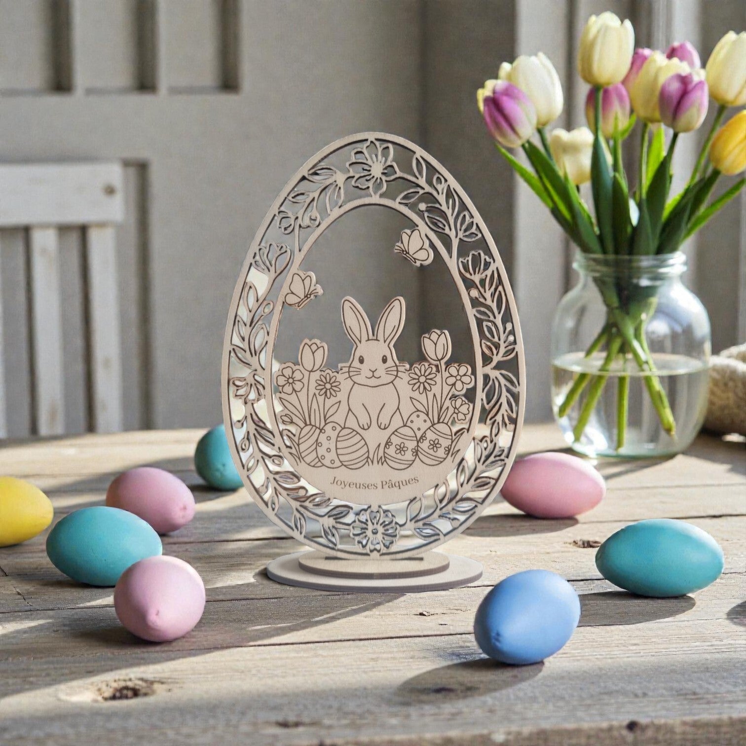 Œuf décoratif “Joyeuses Pâques” – Lapin dans les fleurs