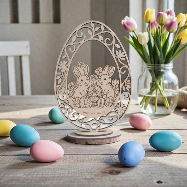 Œuf décoratif “Joyeuses Pâques” – Deux lapins