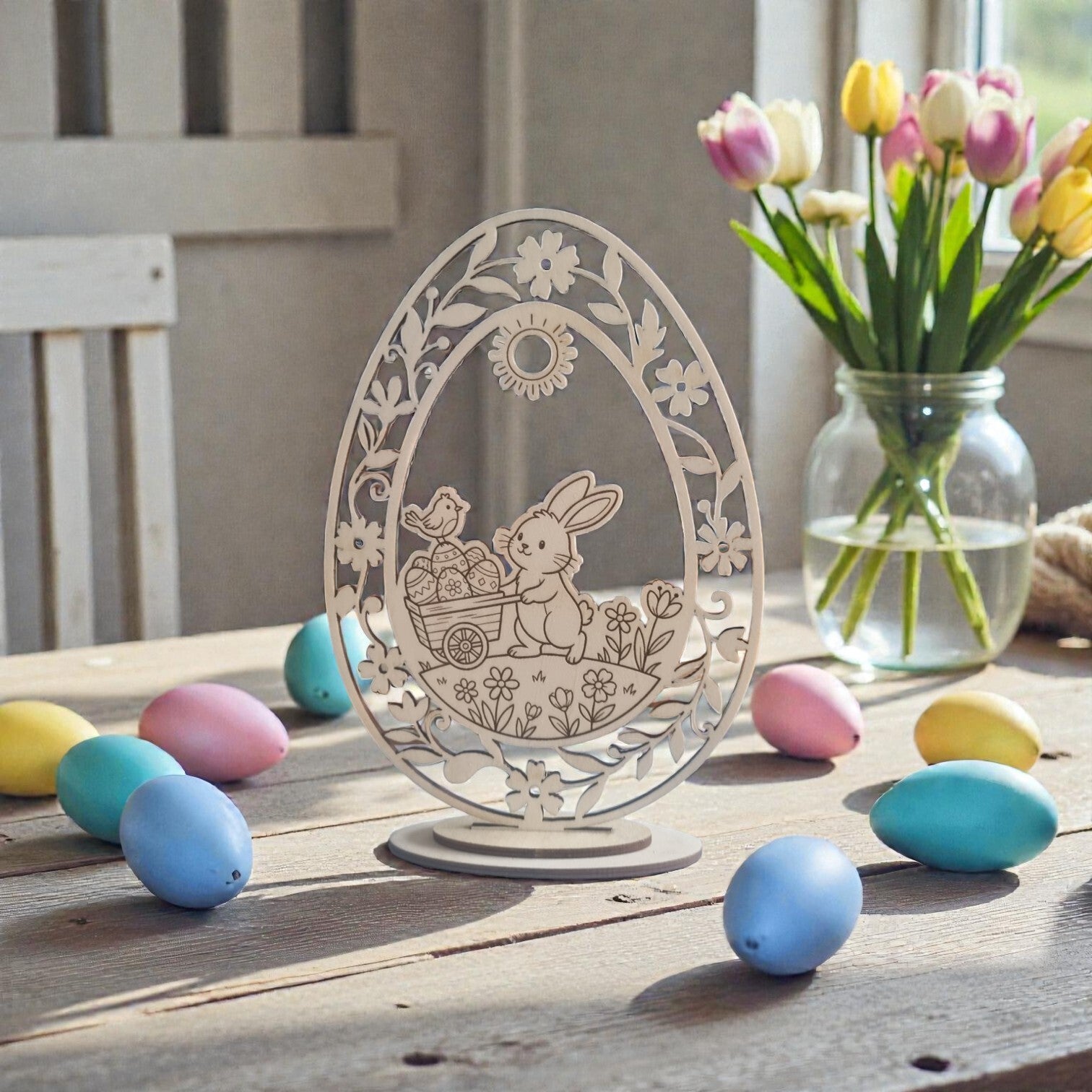 Œuf décoratif avec lapin et brouette