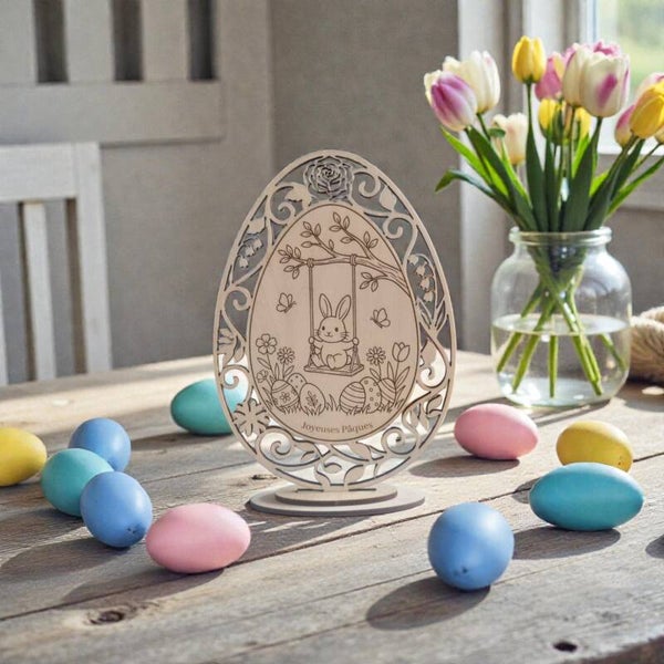 Œuf décoratif avec lapin sur balançoire