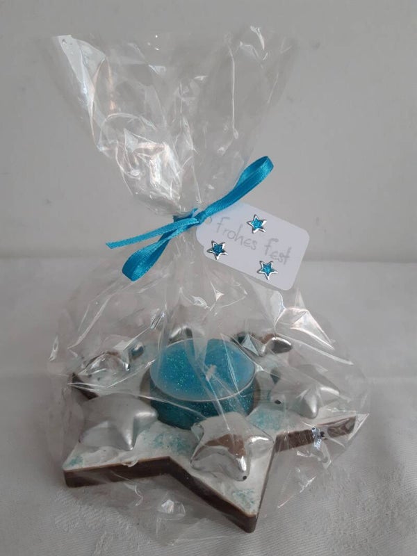 Holzsternteelichthalter "türkis / silber"   cs2199