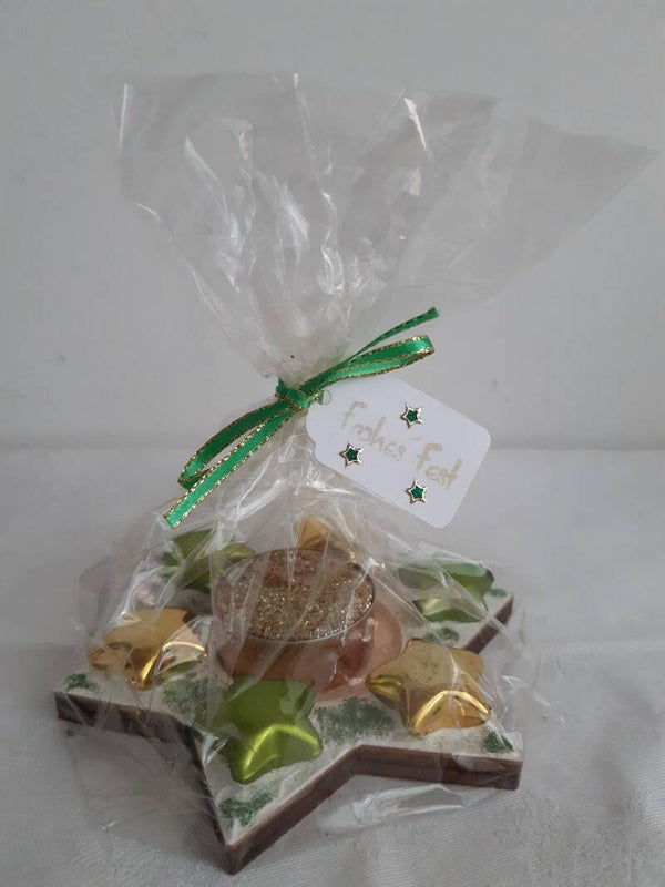 Holzsternteelichthalter "gold / grün"   cs2200