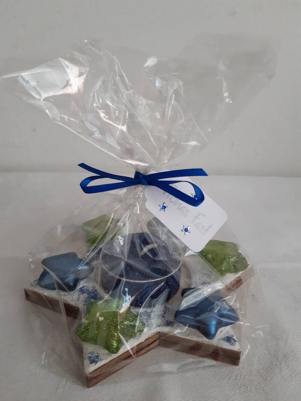 Holzsternteelichthalter "blau / grün"   cs2205