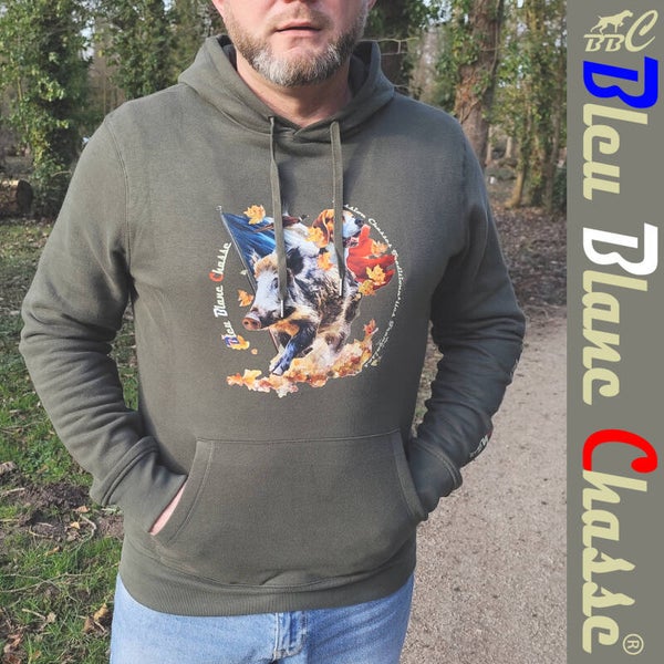 Sweat-shirt à capuche Kaki  "Sanglier et Beagle patriotes"