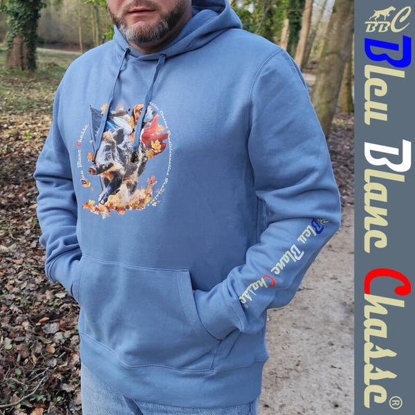 Sweat-shirt à capuche Bleu Nordique "Sanglier et Beagle patriotes"