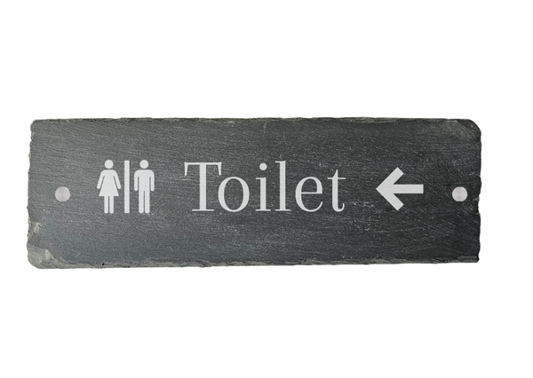 Bewegwijzering Toilet met dames en heren icoon en pijl van Leisteen 30 × 10 cm