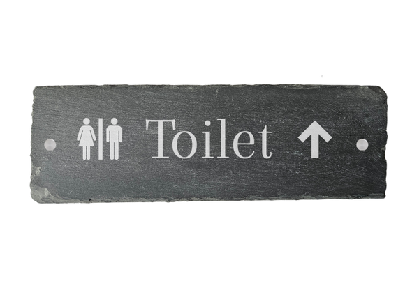 Bewegwijzering Toilet Rechtdoor – Leisteen Bord 30 × 10 cm met Dames en Heren en Pijl Rechtdoor