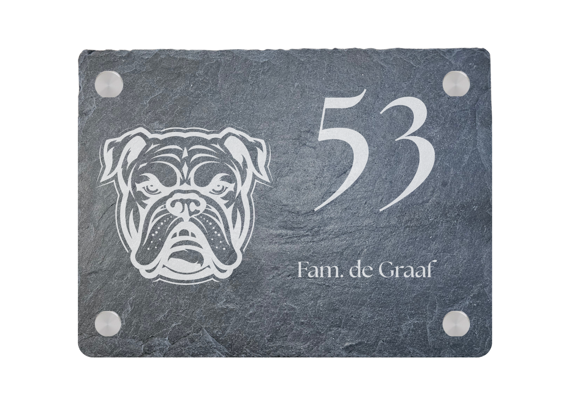 Bulldog Naambord – Leisteen Naambord met Naam en Huisnummer