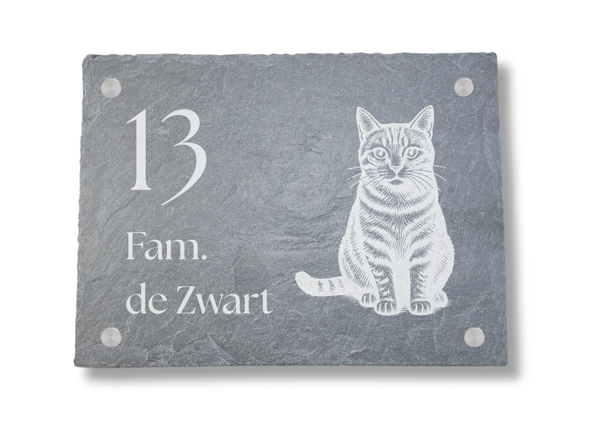 Naambord met Kat – Leisteen Naambord met Naam en Huisnummer