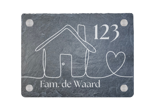 Naambord met Huisje en Hartje – Leisteen Naambord met Naam en Huisnummer