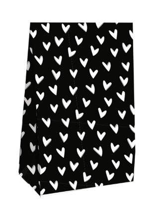 Blokbodemzak | Zwart met witte hartjes | Per stuk