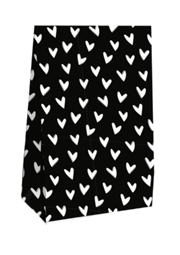 Blokbodemzak | Zwart met witte hartjes | Per stuk